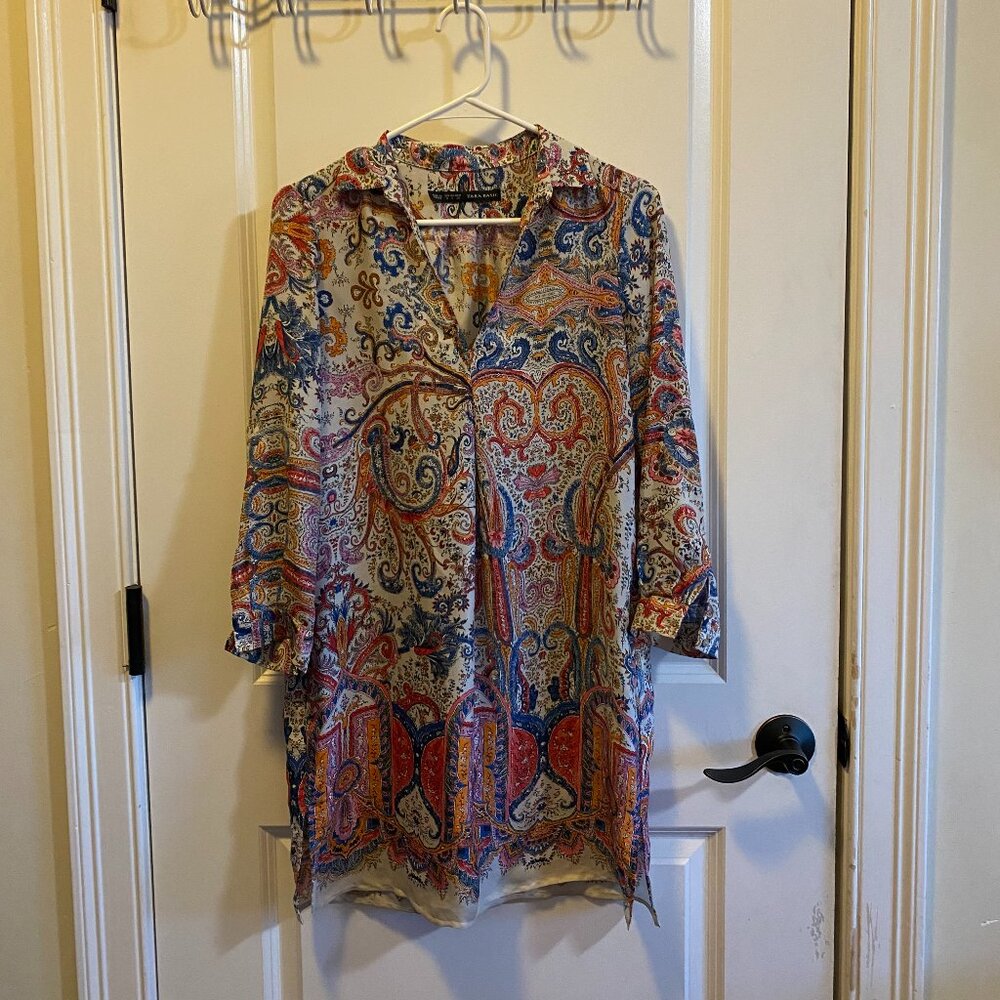 Zara Satin Vibrant Print Pockets 3/4 Sleeve V Neck Collared Dress Women's S